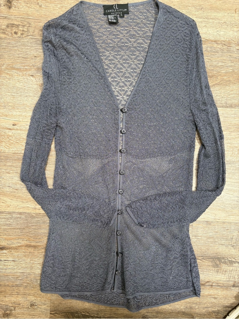 Carole Little Slate Gray Openwork Button-Front Cardigan